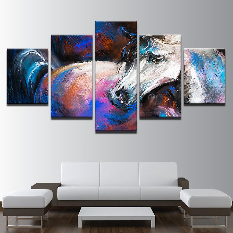 Abstract Animal White Horse - Animal 5 Panel Canvas Art Wall Decor