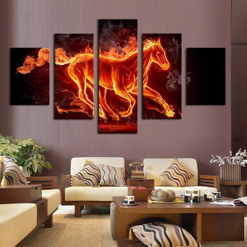 Abstract Horse On Fire - Abstract 5 Panel Canvas Art Wall Decor