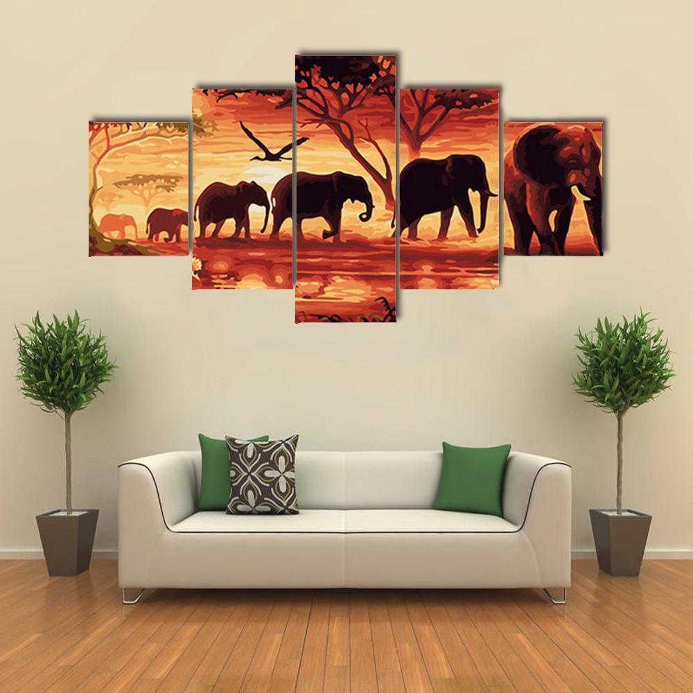 Abstract Of Elephants Herd In Jungle - Animal 5 Panel Canvas Art Wall Decor