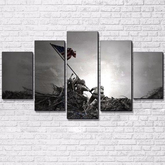 American Flag Battle Of Iwo Jima Ww2 - Abstract 5 Panel Canvas Art Wall Decor
