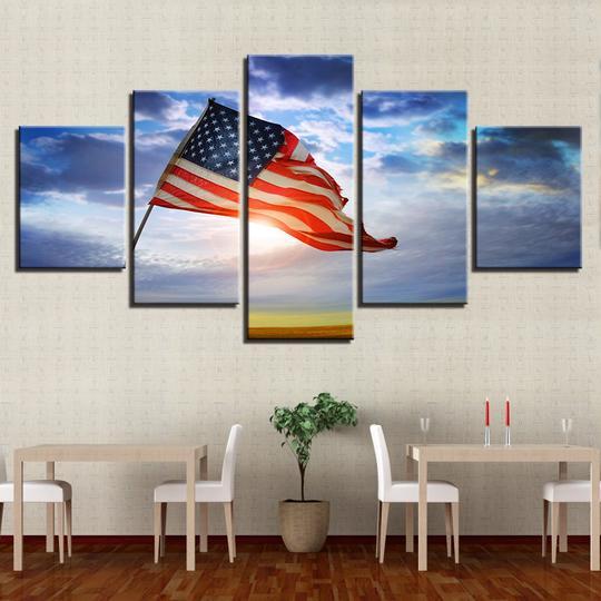 American Flag Old Glory In The Wind - Abstract 5 Panel Canvas Art Wall Decor