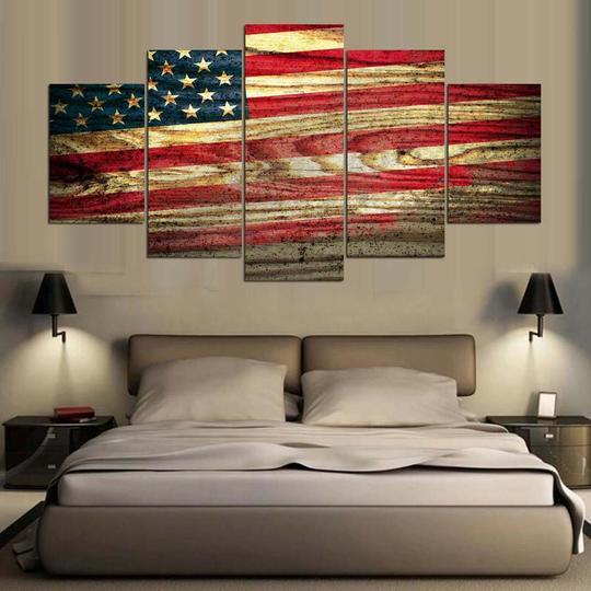 American Flag On Wood Grain - Abstract Canvas  Wall Art
