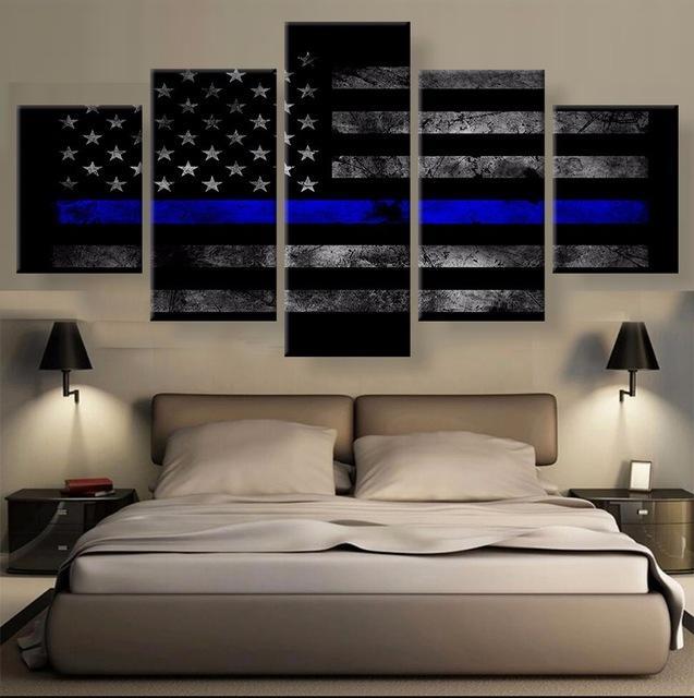 American Flag Police Thin Blue Line - Abstract 5 Panel Canvas Art Wall Decor