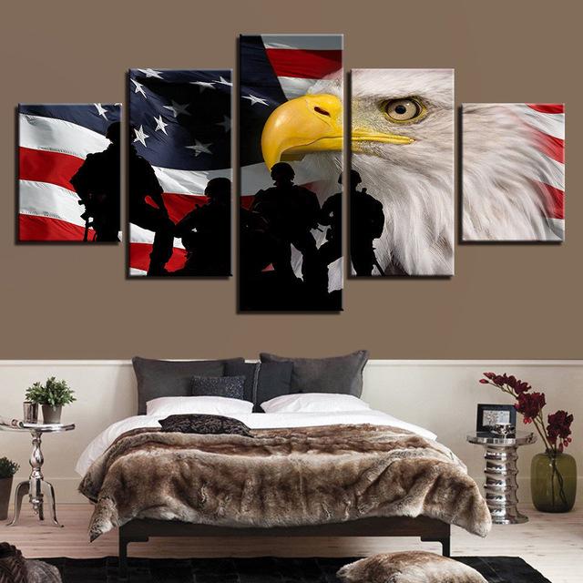 American Flag Soldier Eagle - Abstract 5 Panel Canvas Art Wall Decor