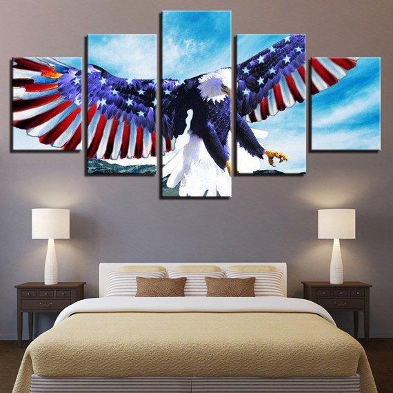 American Flag Usa Eagle Wings - Abstract Animal 5 Panel Canvas Art Wall Decor