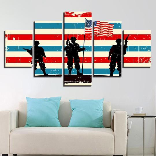 American Soldiers With Flag - Abstract 5 Panel Canvas Art Wall Decor