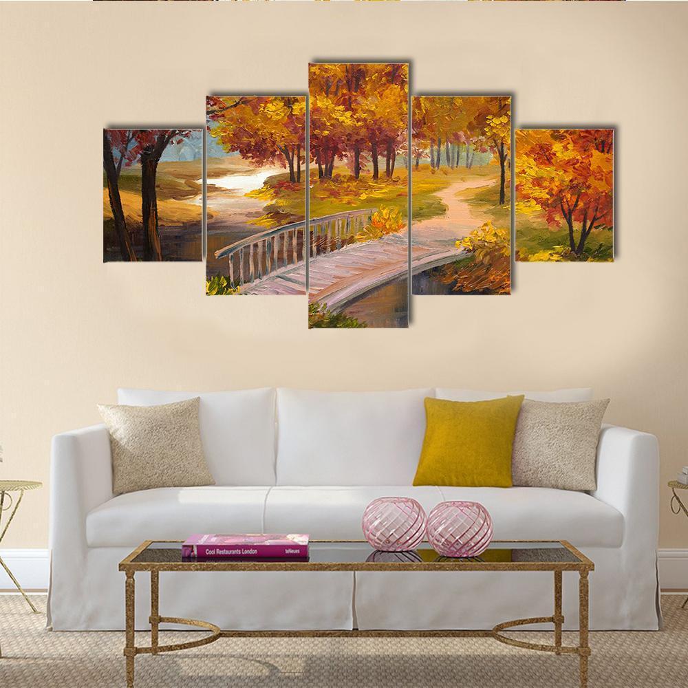 Autumn Forest With A River And Bridge - Abstract Nature 5 Panel Canvas Art Wall Decor