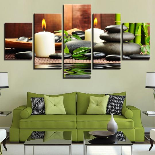 Bamboo Candles Stones - Abstract 5 Panel Canvas Art Wall Decor