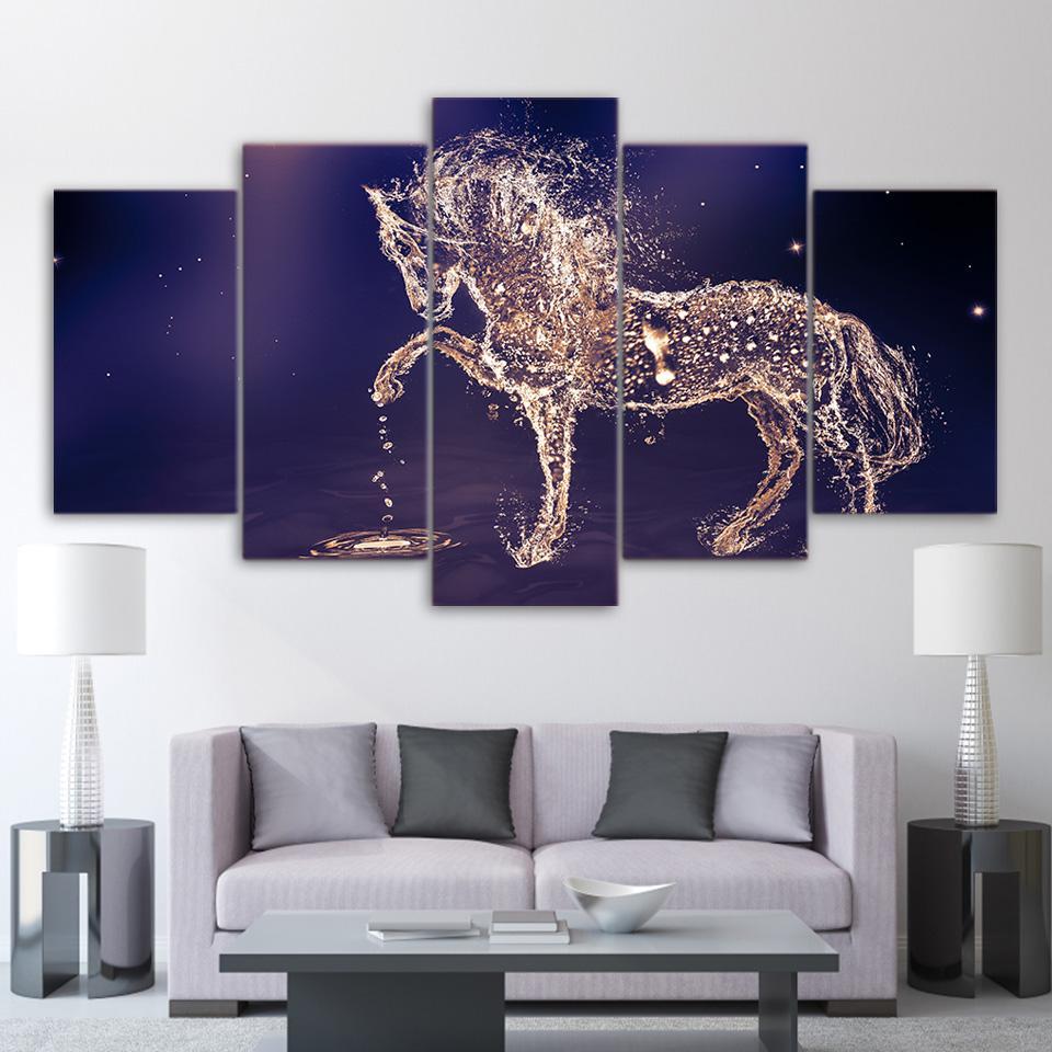 Beautiful Horse From The Water On A Blue Drops - Abstract Animal 5 Panel Canvas Art Wall Decor