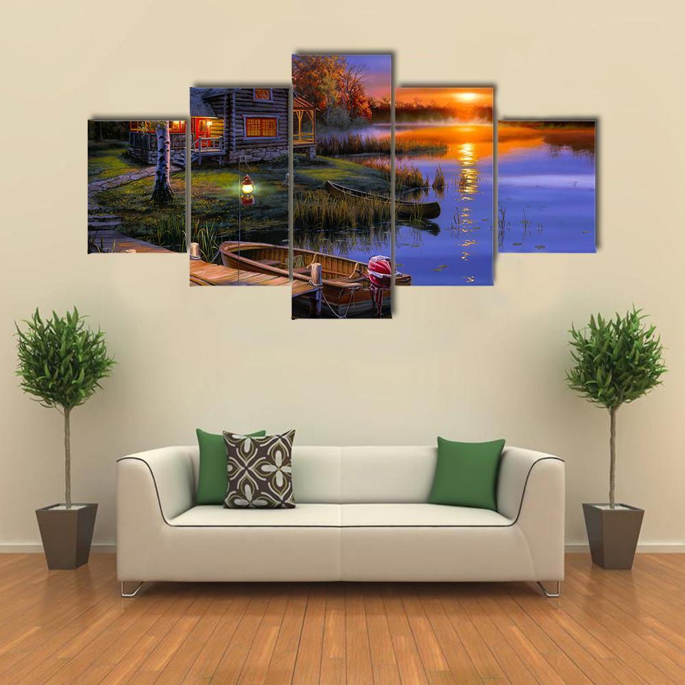 Beautiful House With Boat Near Lake At Sunset - Abstract 5 Panel Canvas Art Wall Decor