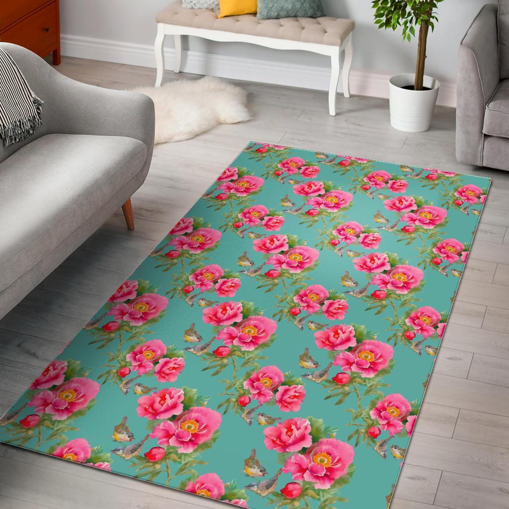 Bird Pink Floral Flower Pattern Print Area Rug Floor Decor