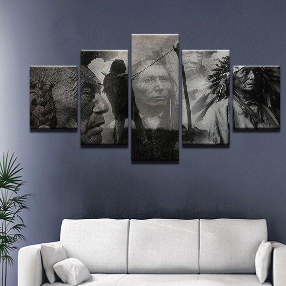 Black & White Native Americans - Abstract 5 Panel Canvas Art Wall Decor