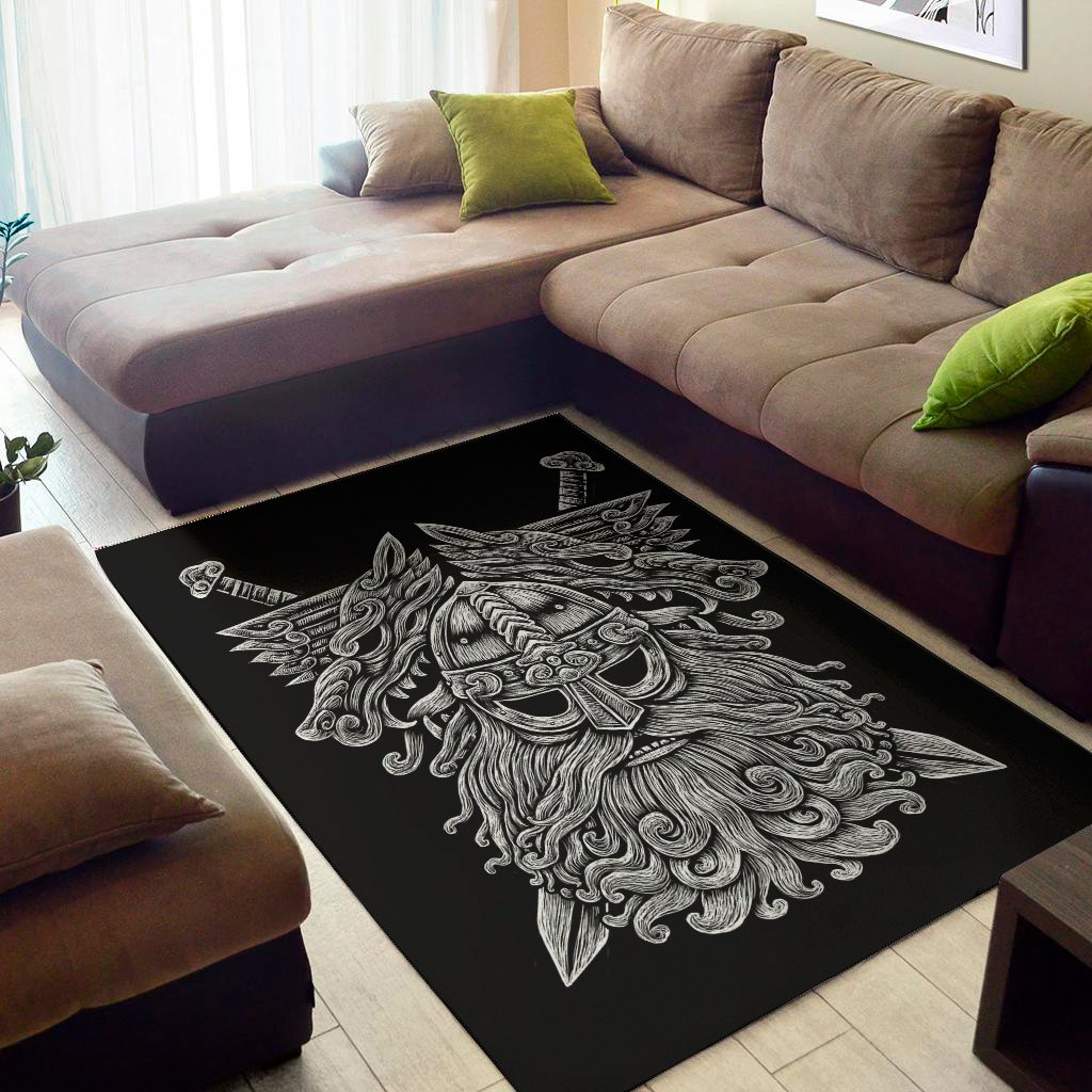 Black And White Odin With Wolfs Print Area Rug Floor Decor