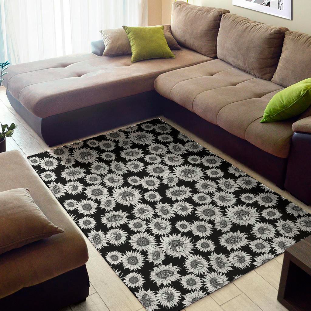 Black And White Sunflower Pattern Print Area Rug Floor Decor