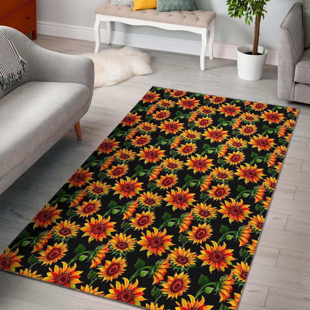 Black Autumn Sunflower Pattern Print Area Rug Floor Decor
