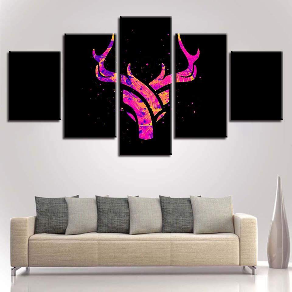 Black Background Purple Antlers - Abstract 5 Panel Canvas Art Wall Decor