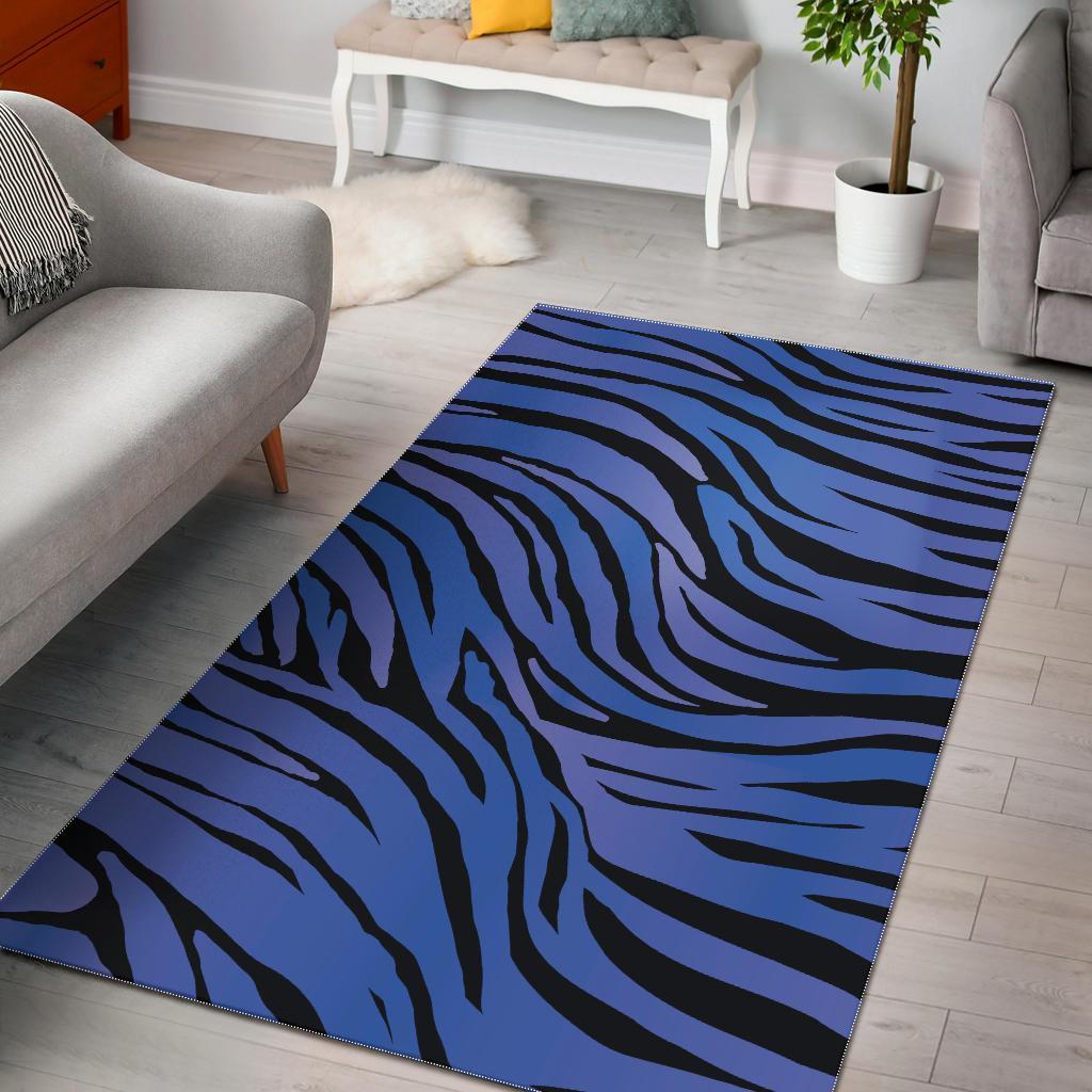 Black Blue Zebra Pattern Print Area Rug Floor Decor