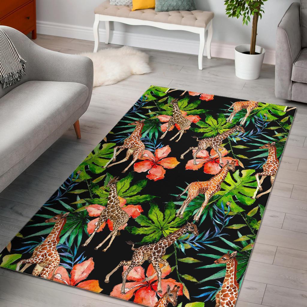 Black Tropical Giraffe Pattern Print Area Rug Floor Decor