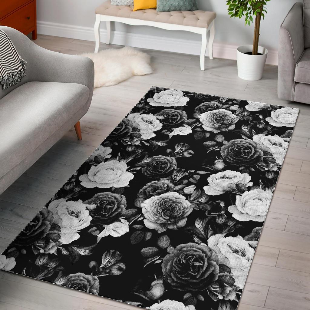 Black White Rose Floral Pattern Print Area Rug Floor Decor
