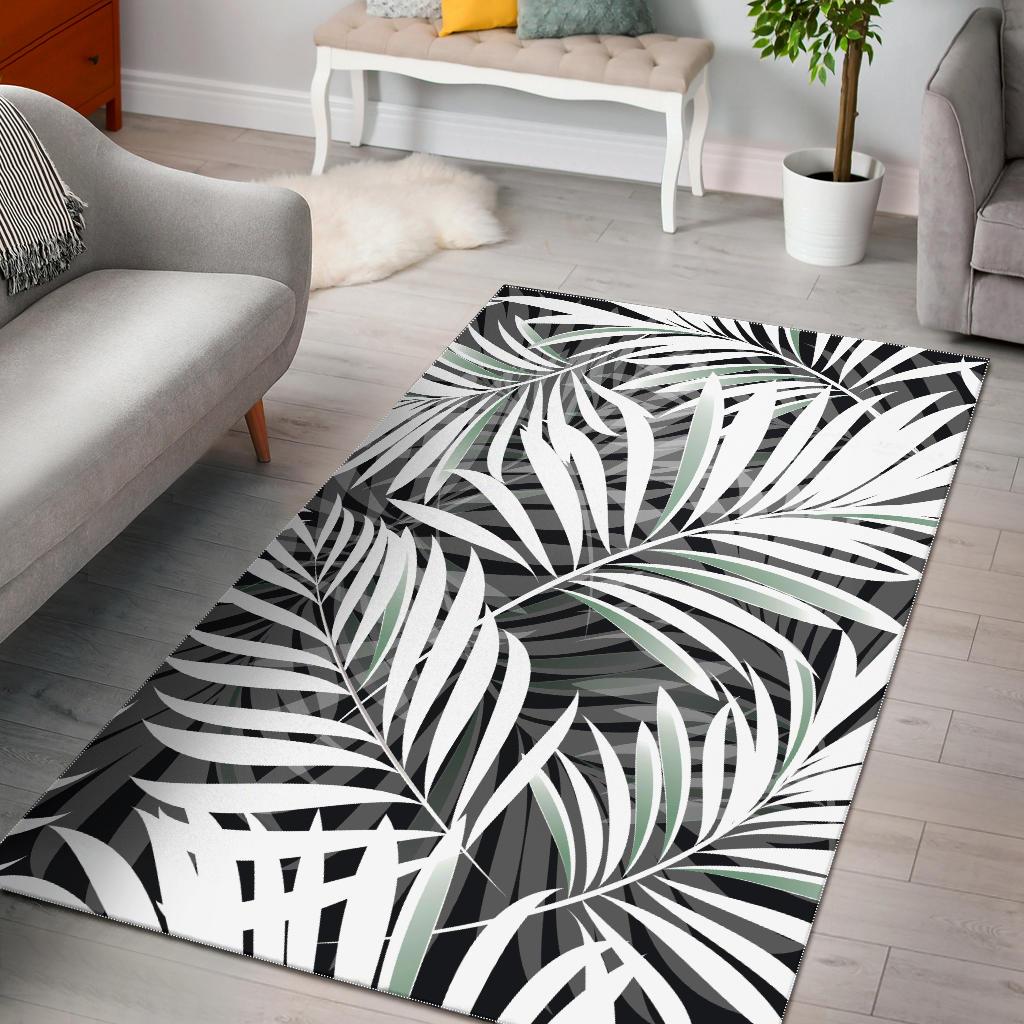 Black White Tropical Leaf Pattern Print Area Rug Floor Decor