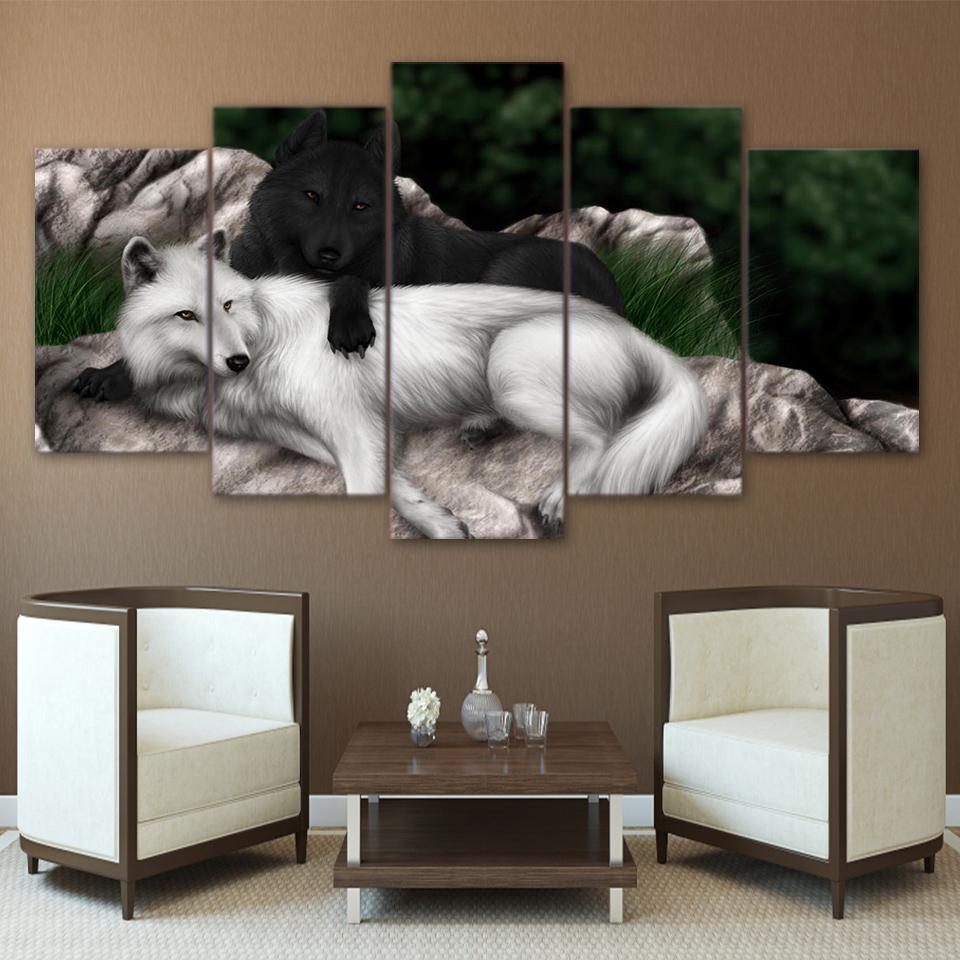 Black White Wolf - Abstract Animal 5 Panel Canvas Art Wall Decor