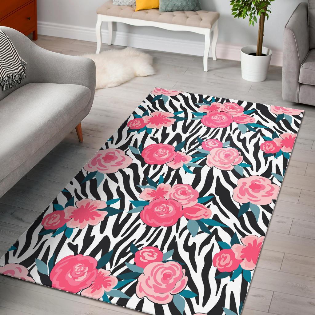 Black White Zebra Floral Pattern Print Area Rug Floor Decor