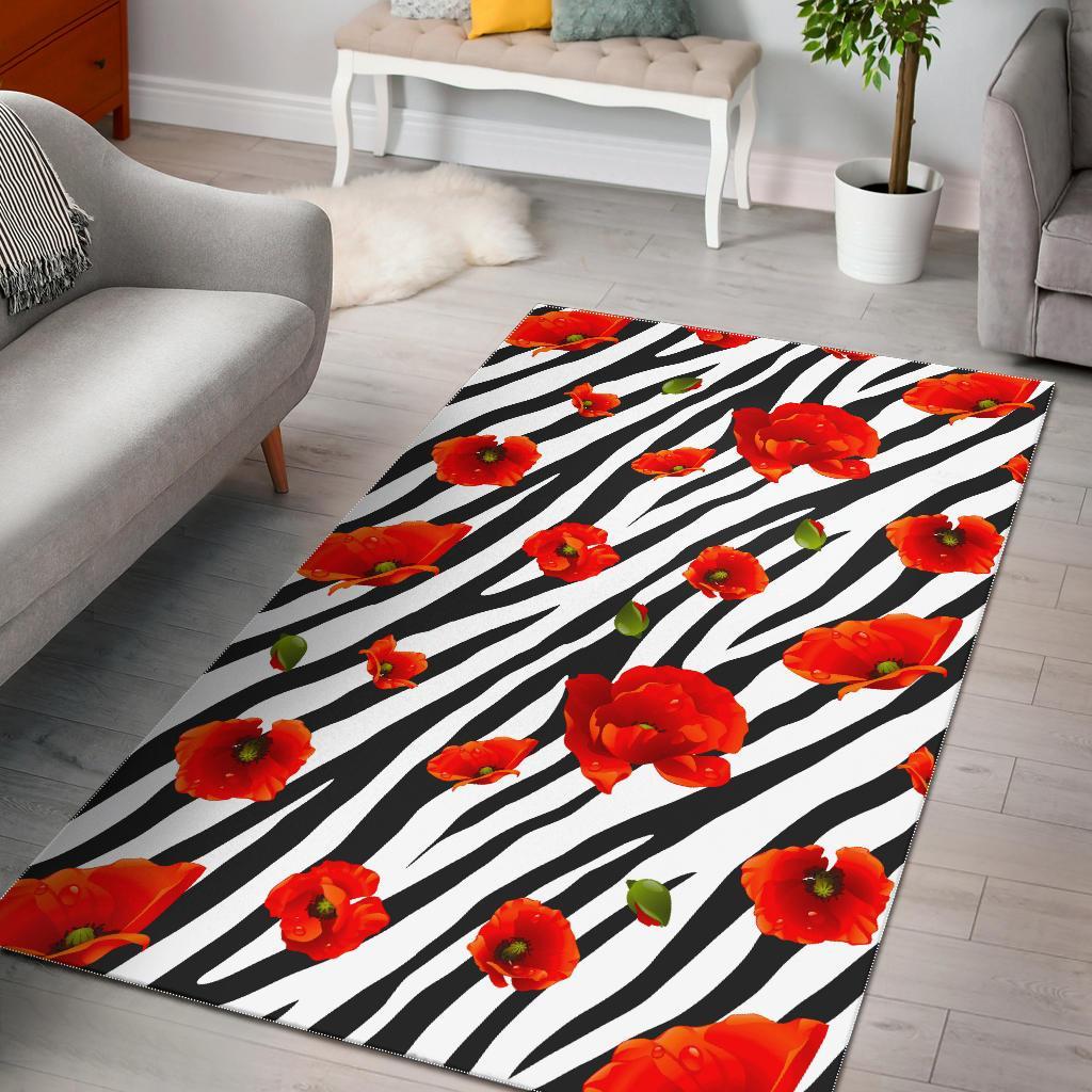 Black White Zebra Flower Pattern Print Area Rug Floor Decor
