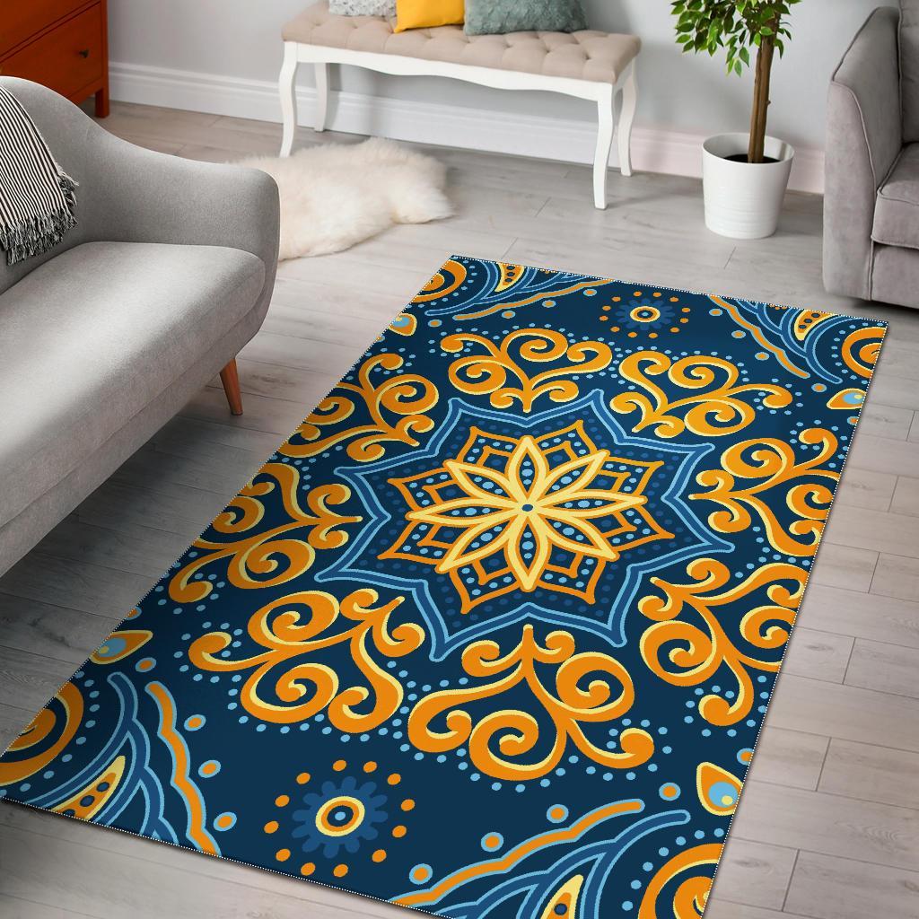 Blue And Gold Bohemian Mandala Print Area Rug Floor Decor