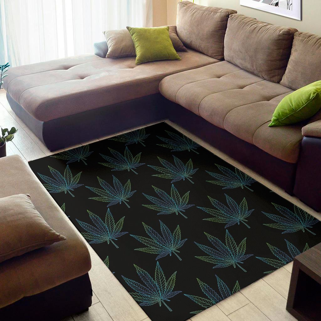 Blue And Green Weed Leaf Pattern Print Area Rug Floor Decor
