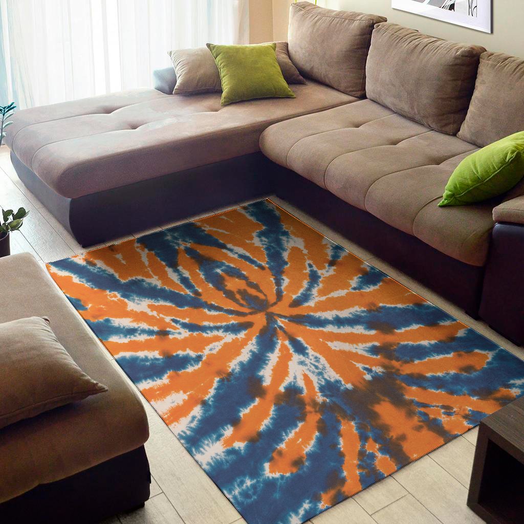 Blue And Orange Spider Tie Dye Print Area Rug Floor Decor