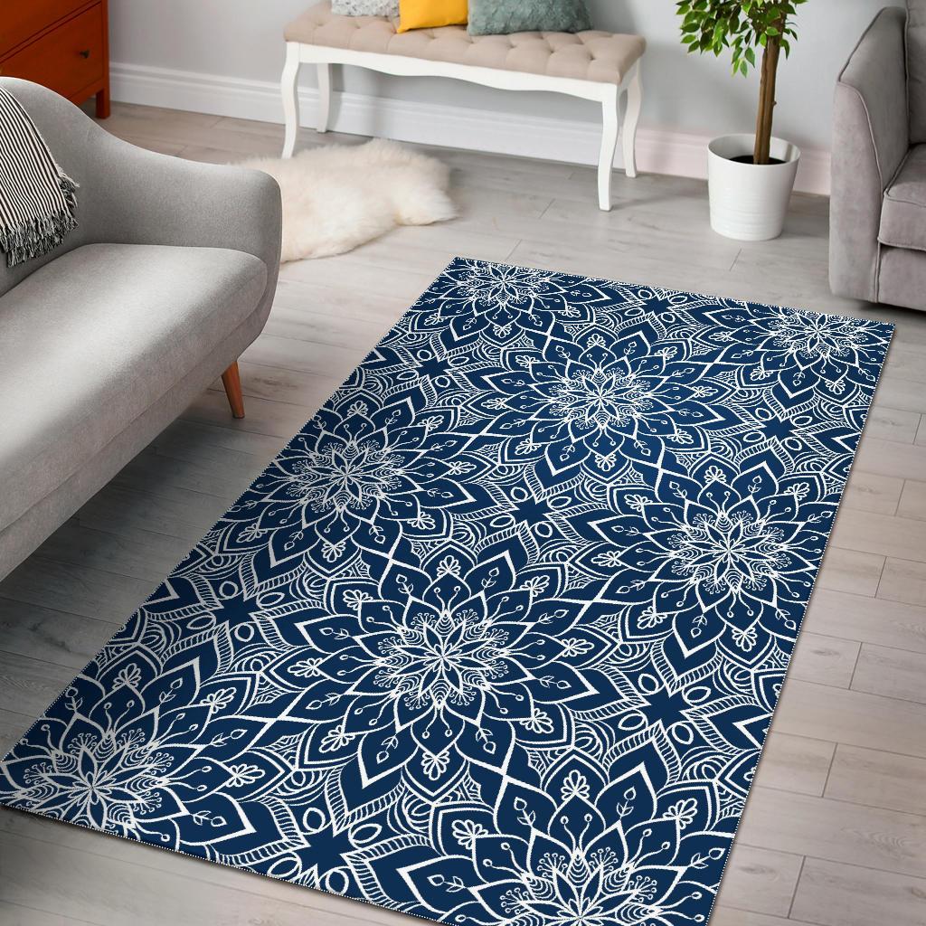 Blue And White Bohemian Mandala Print Area Rug Floor Decor