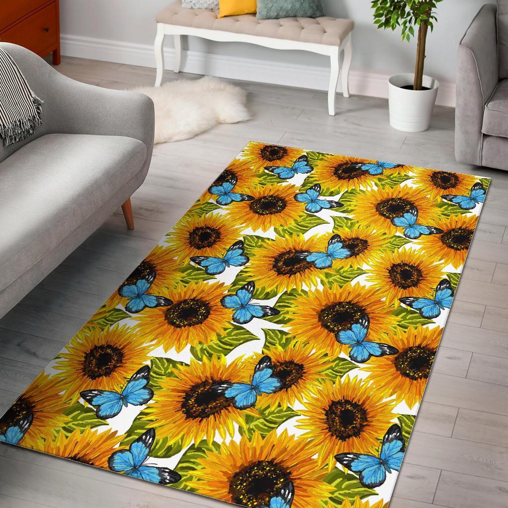 Blue Butterfly Sunflower Pattern Print Area Rug Floor Decor