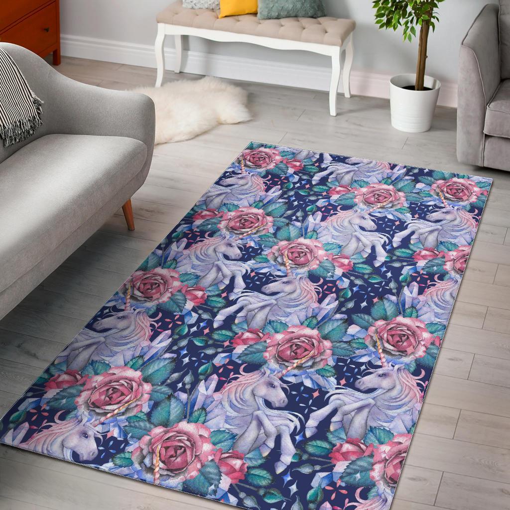 Blue Fairy Rose Unicorn Pattern Print Area Rug Floor Decor