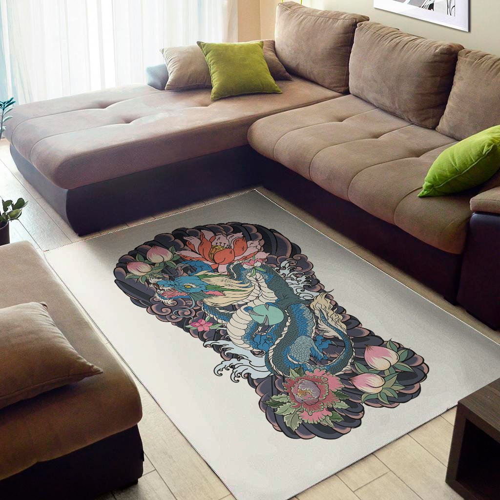 Blue Japanese Dragon Tattoo Print Area Rug Floor Decor