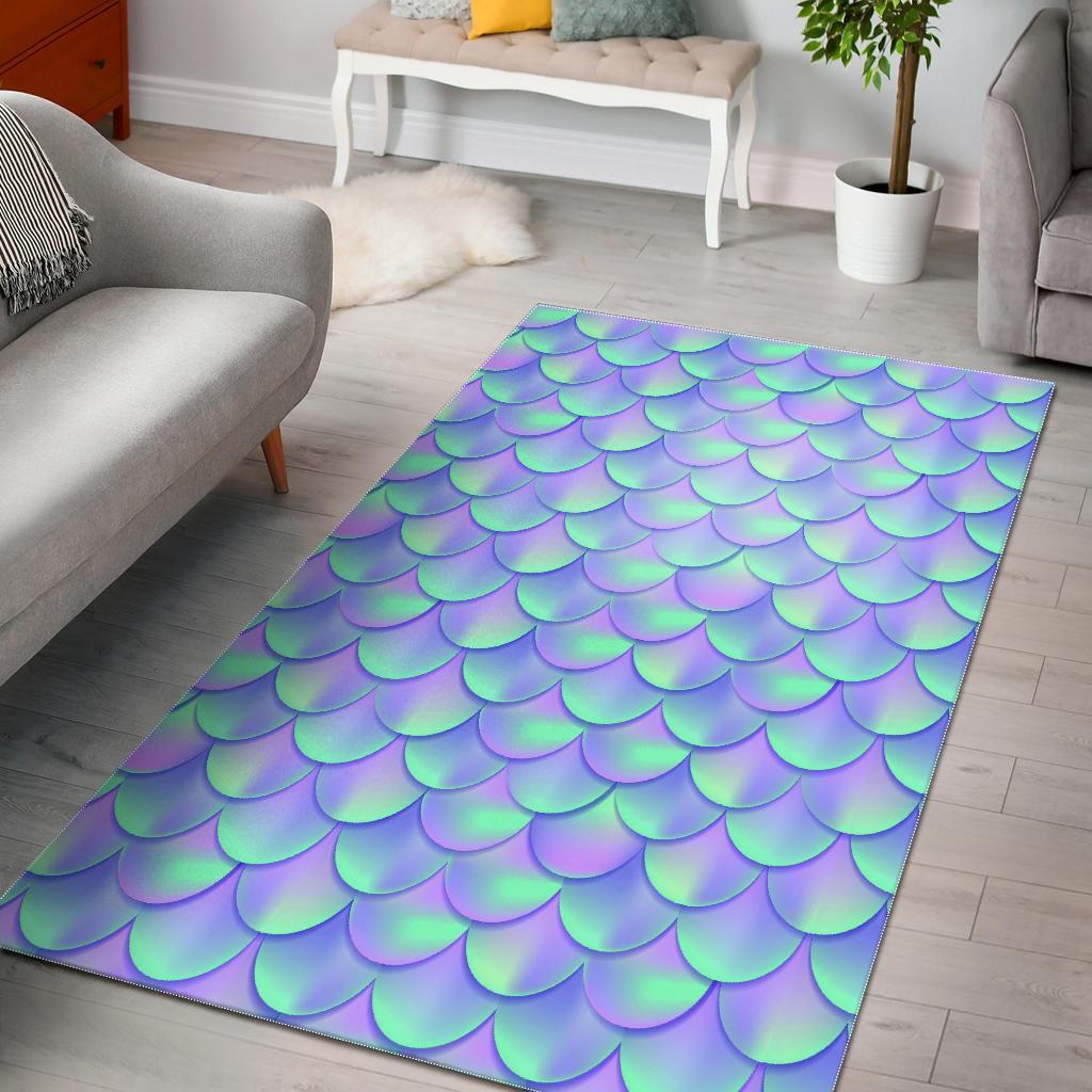 Blue Mermaid Scales Pattern Print Area Rug Floor Decor