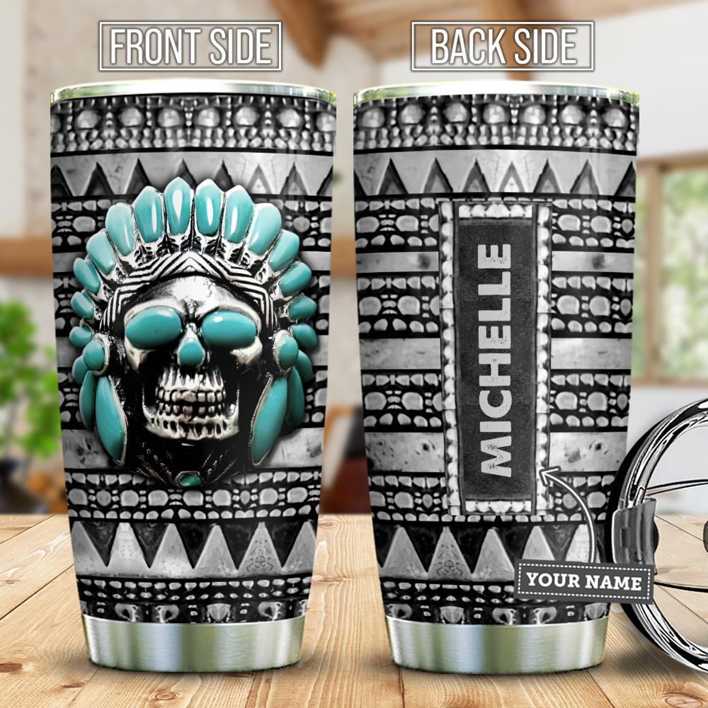 Blue Metal Skull Native American Personalized Stainless Steel Tumbler