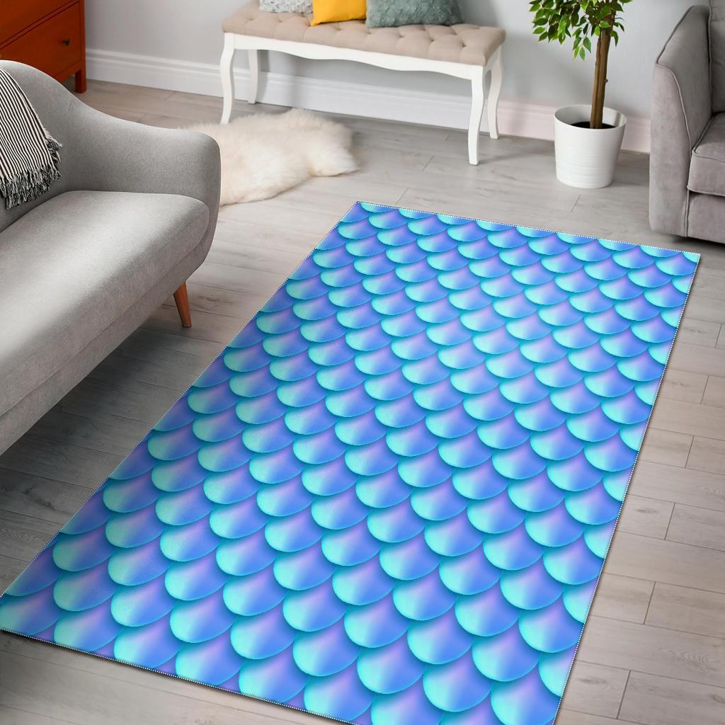 Blue Neon Mermaid Scales Pattern Print Area Rug Floor Decor