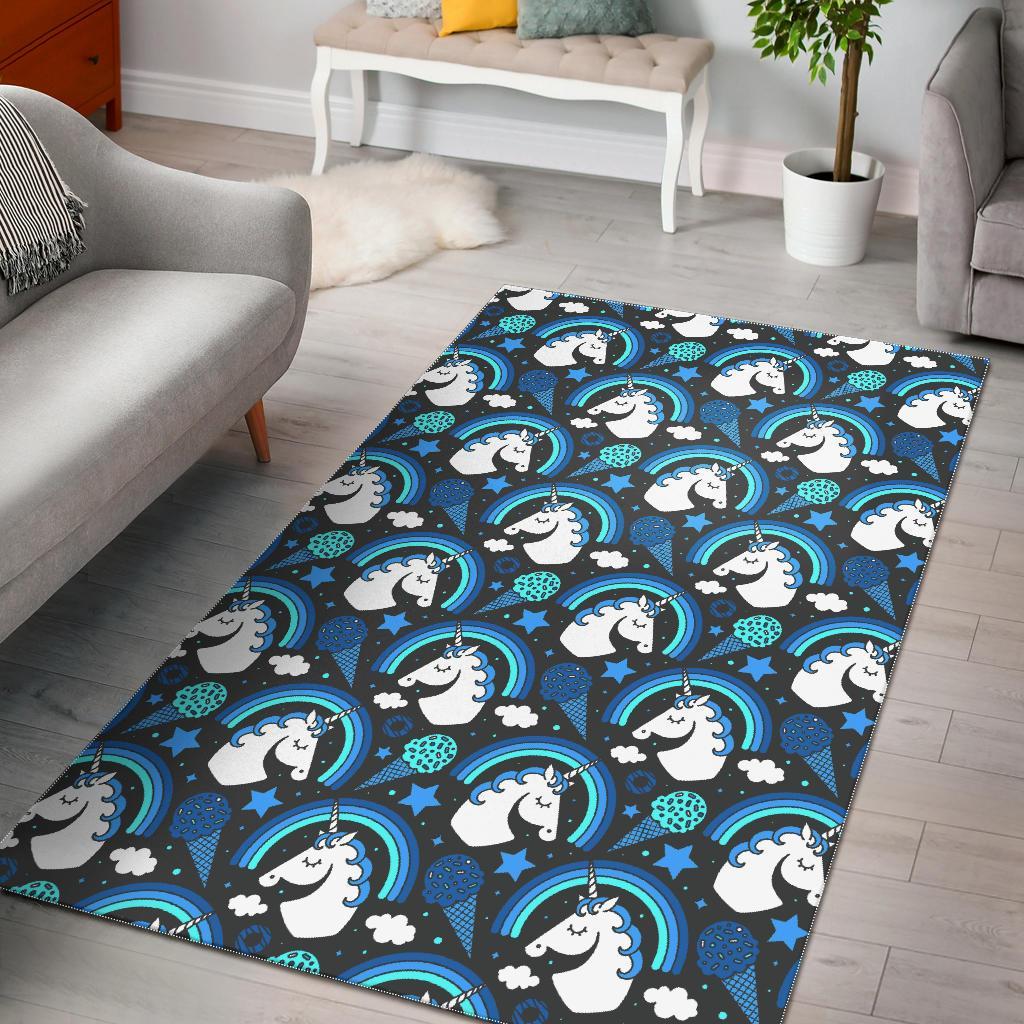 Blue Rainbow Unicorn Pattern Print Area Rug Floor Decor