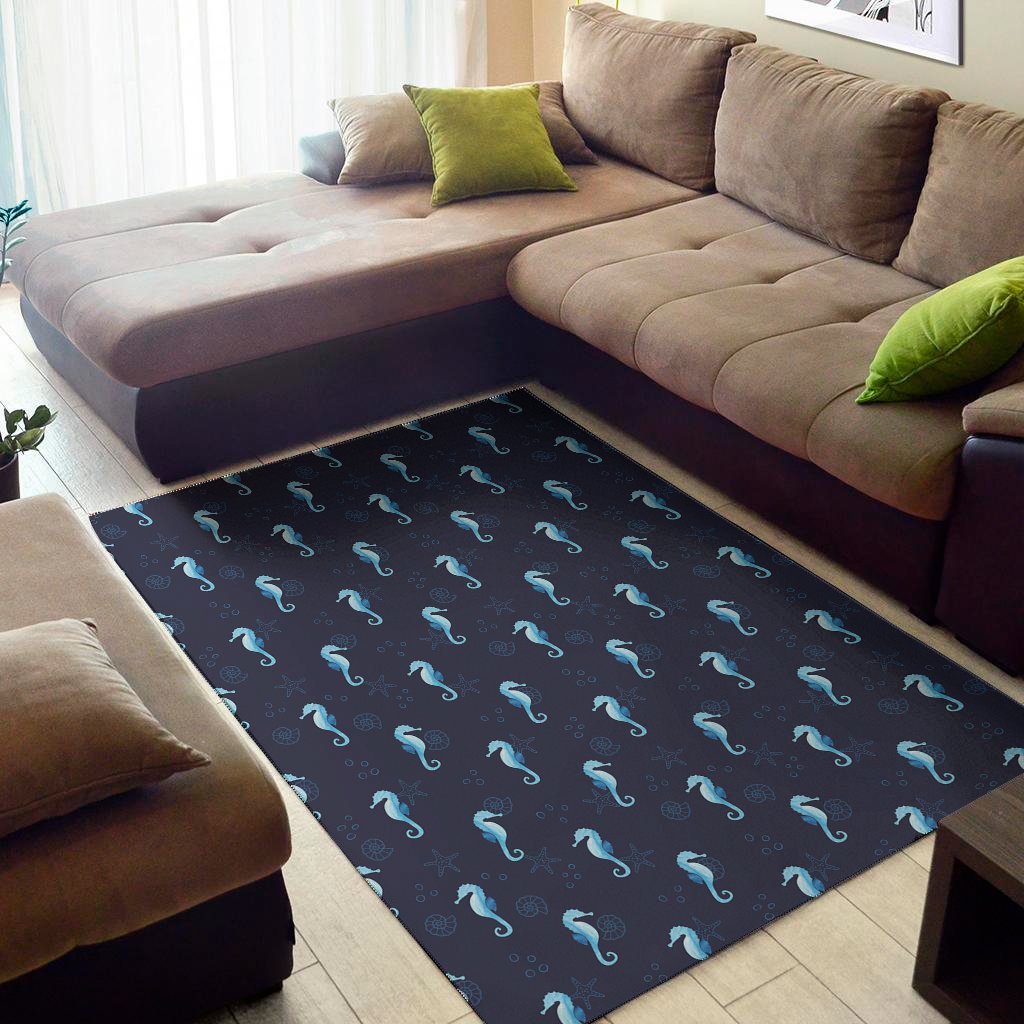 Blue Seahorse Pattern Print Area Rug Floor Decor