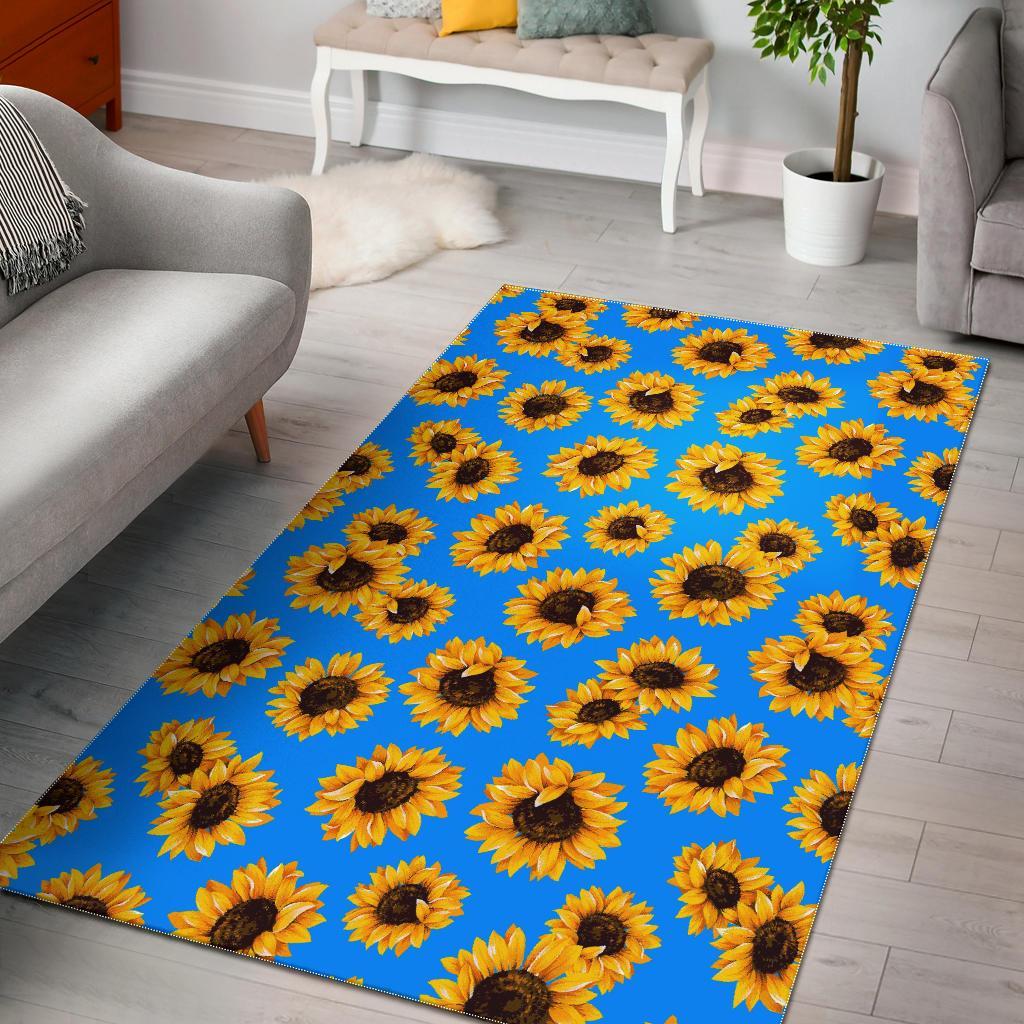 Blue Sunflower Pattern Print Area Rug Floor Decor