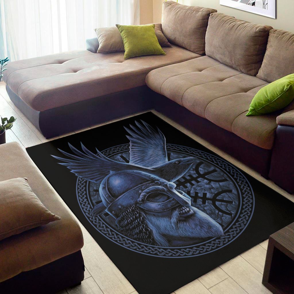 Blue Viking God Odin And Crow Print Area Rug Floor Decor