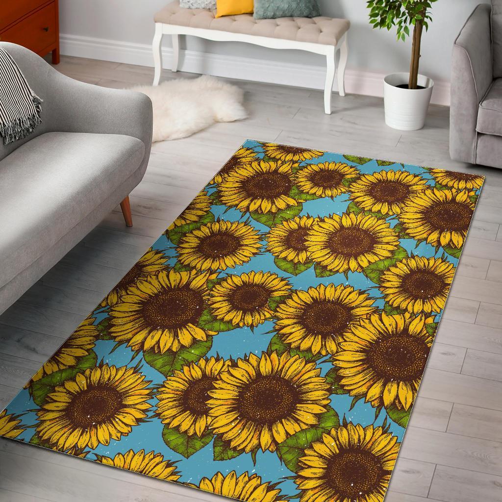 Blue Vintage Sunflower Pattern Print Area Rug Floor Decor