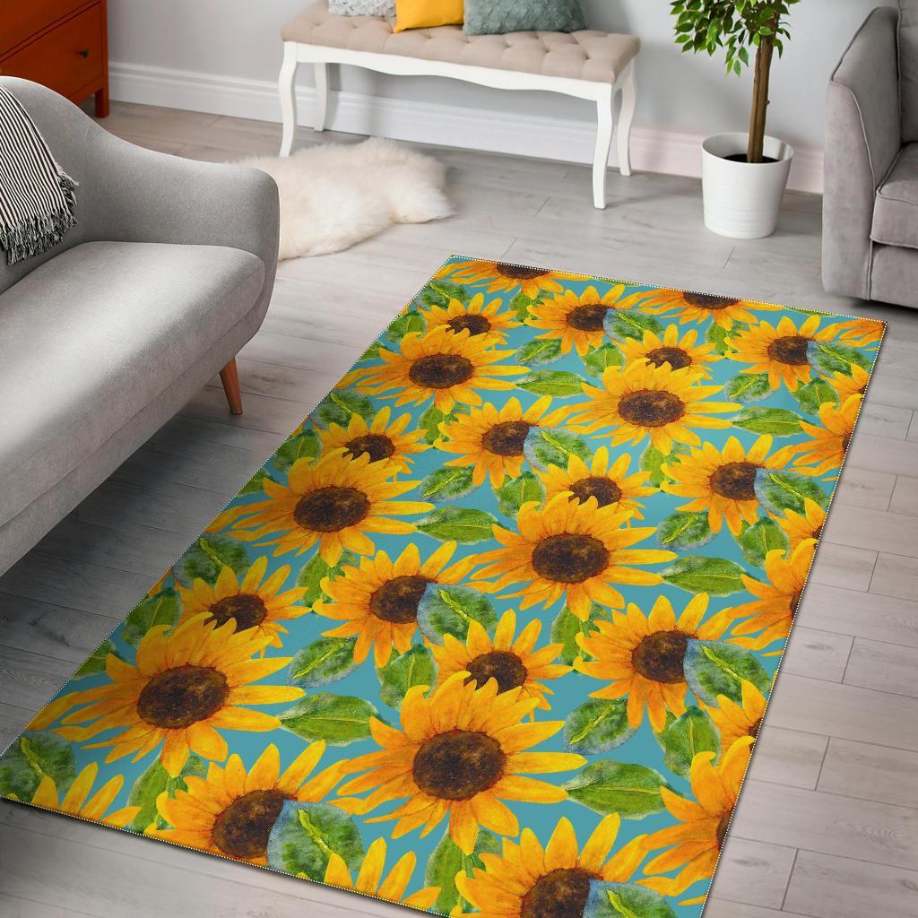 Blue Watercolor Sunflower Pattern Print Area Rug Floor Decor