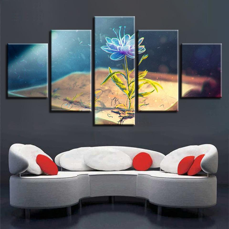 Book And Blue Flowers - Abstract 5 Panel Canvas Art Wall Decor