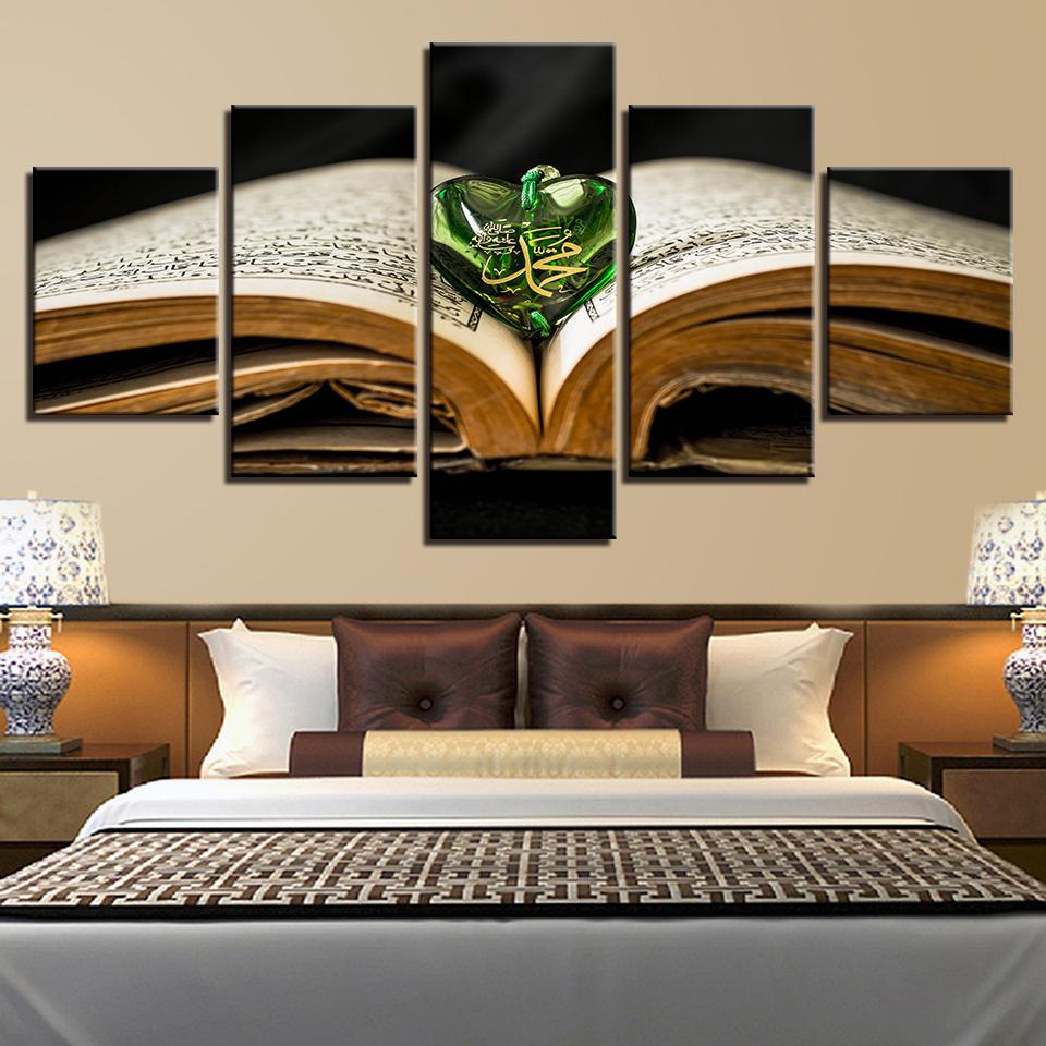 Book And Green Heart-Shaped - Abstract 5 Panel Canvas Art Wall Decor