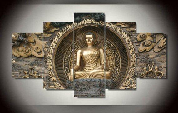 Buddha Statue Gold Buddhism Religion Abstract Modern - Religion 5 Panel Canvas Art Wall Decor