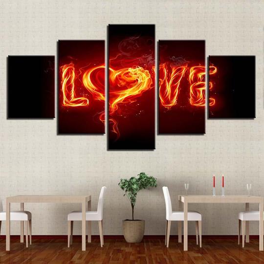 Burning Love Flames On Fire - Abstract 5 Panel Canvas Art Wall Decor