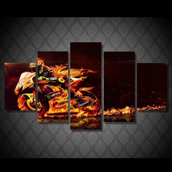 Burning Motorcycle Race Monster Bike Fire Fast Speed - Abstract 5 Panel Canvas Art Wall Decor