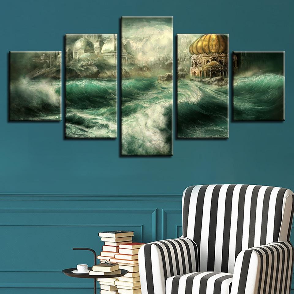 Castle Building And Blue Sea Water - Abstract 5 Panel Canvas Art Wall Decor