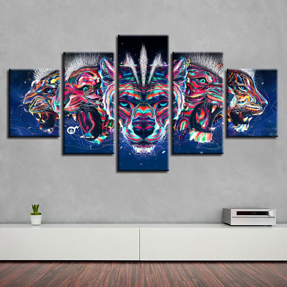 Color Lion Head - Abstract 5 Panel Canvas Art Wall Decor